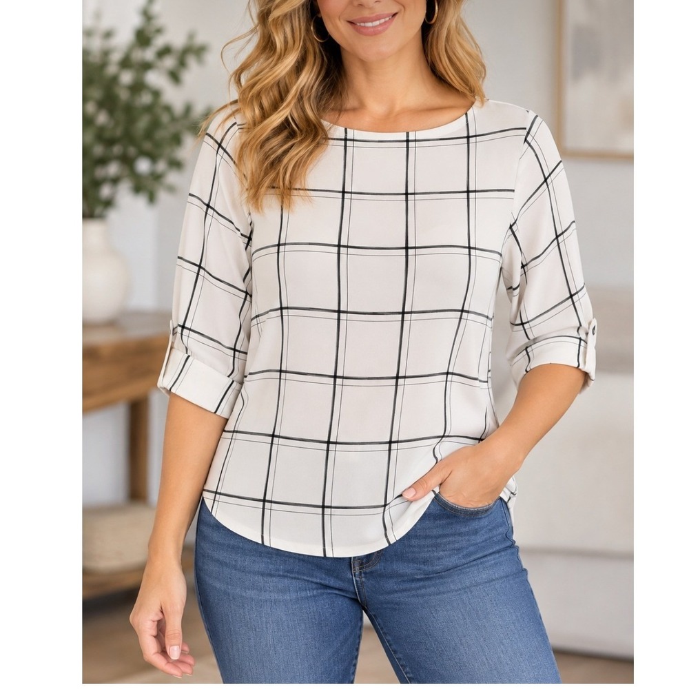 3/$25 H&M Women Top S White Black Grid Puff Sleeve Boat Neck Windowpane Plaid